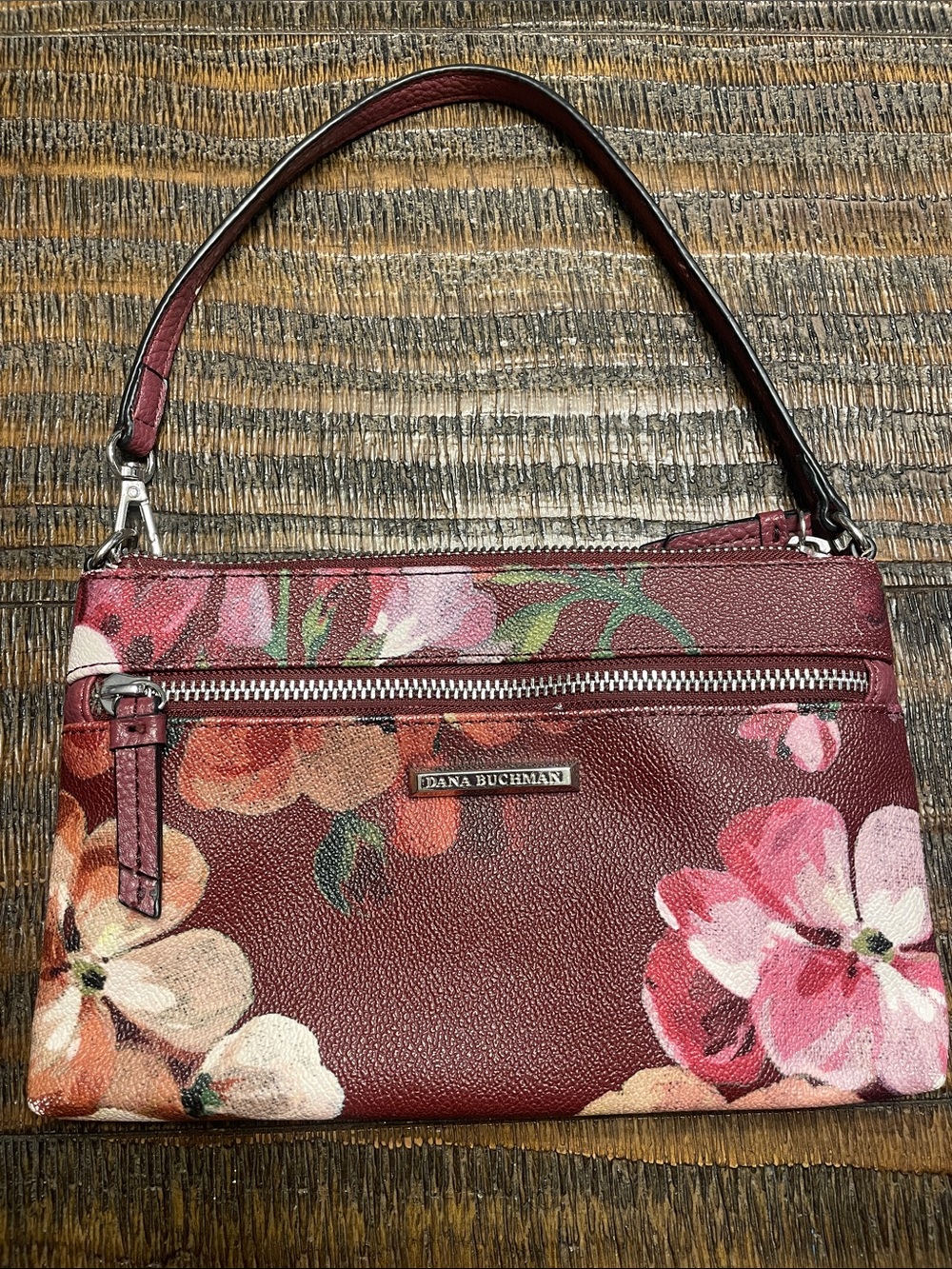 Dana Buchman Burgundy Floral Leather Wristlet